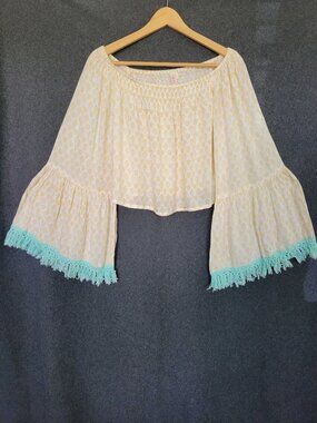 Raga Anthropologie Cropped Bell Sleeve Fringe Bohemian Gypsy Festival Top L